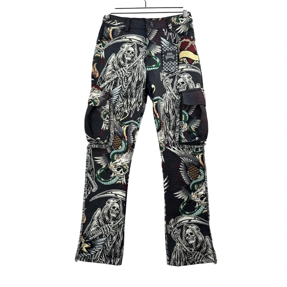 Rebel Vengeance Tapestry Cargo Pants sz 30 Grim Reaper Tattoo Print goth